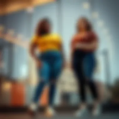 Fashionable plus size stretch jeans paired with trendy tops