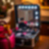 Portable makeup case with LED mirror open displaying cosmetics