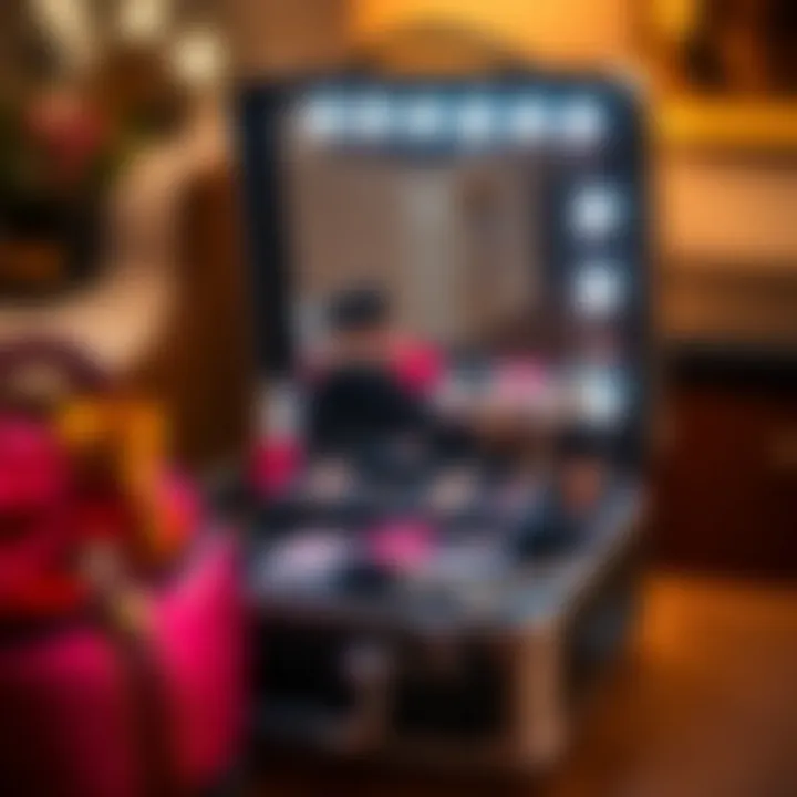 Open portable makeup case showcasing organized cosmetics and integrated LED mirror Portable makeup case with LED mirror open displaying cosmetics