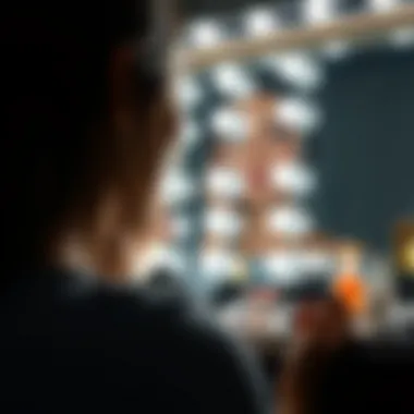 Close-up view of an illuminated LED mirror highlighting makeup application Close-up of LED mirror illumination in a makeup case