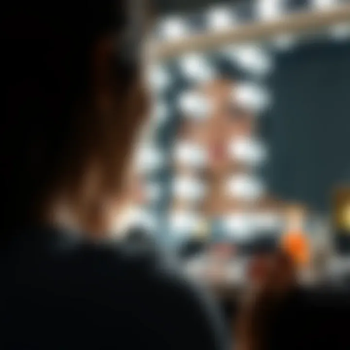 Close-up view of an illuminated LED mirror highlighting makeup application Close-up of LED mirror illumination in a makeup case