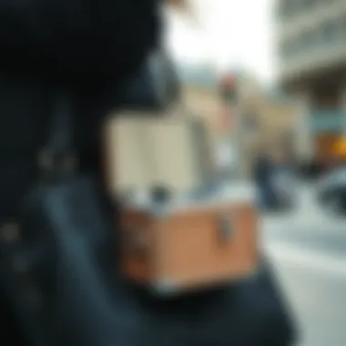 Stylish bag carrying a compact makeup case for on-the-go beauty Compact makeup case being transported in a stylish bag