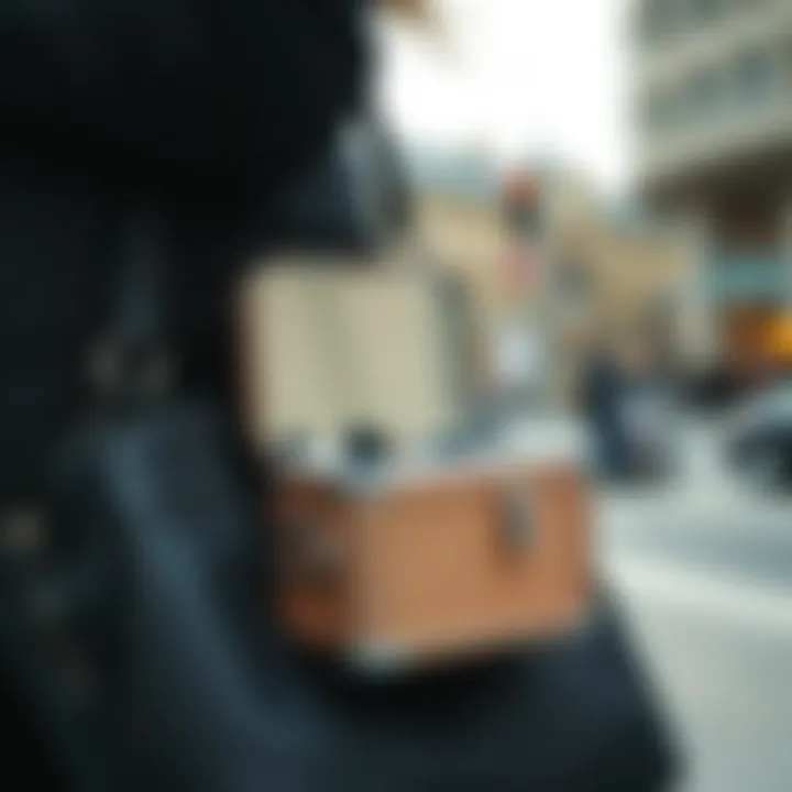 Stylish bag carrying a compact makeup case for on-the-go beauty Compact makeup case being transported in a stylish bag