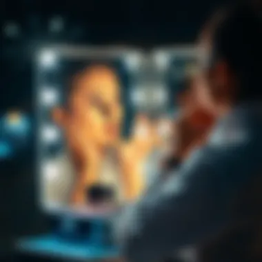 Makeup application experience enhanced by integrated LED lighting User applying makeup using LED mirror from portable case