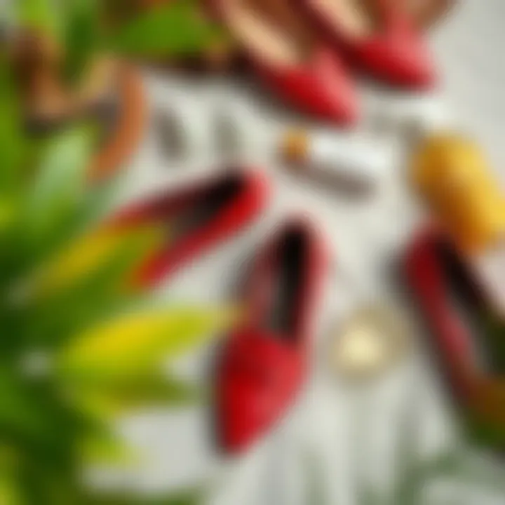 Flat lay of red leather pointed toe flats with care products