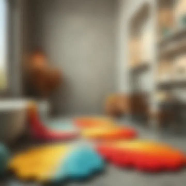 Colorful shell-shaped rugs in modern bathroom setting