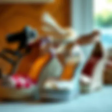 Different styles of wedge shoes arranged aesthetically