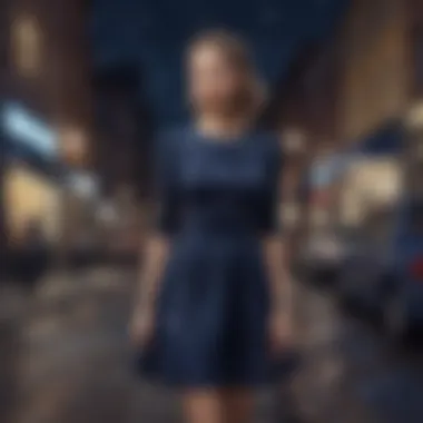 Fashionista showcasing the Starry Night dress in an urban setting