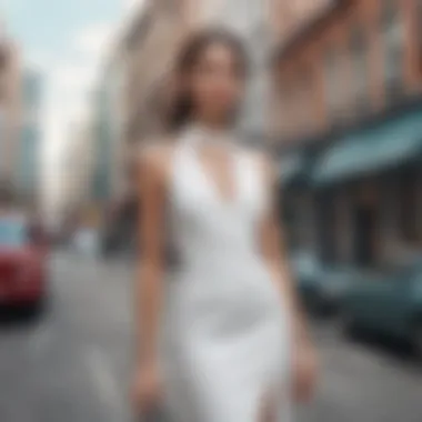 A chic urban scene where a tight white dress complements the modern city backdrop.