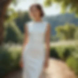 A model showcasing the timeless elegance of a simple tight white dress in an outdoor setting.