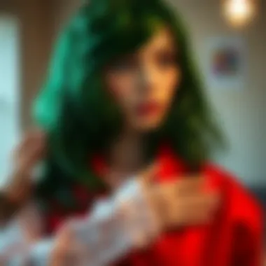 Maintenance of Green Highlight Wig Person maintaining a green highlight wig