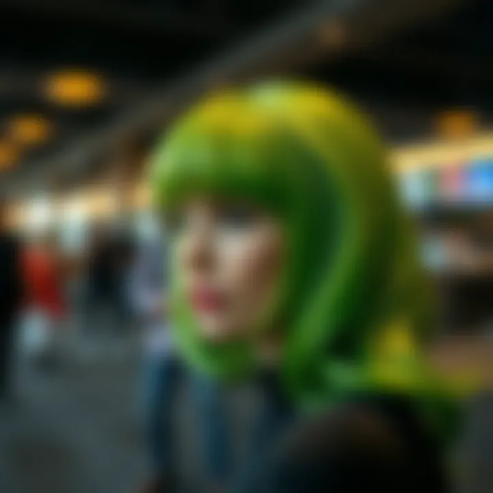 Stylish Green Highlight Wig Vibrant green highlight wig styled elegantly