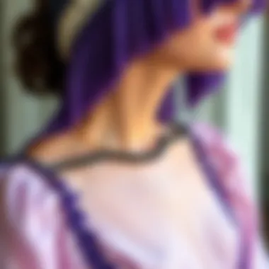 Elegant Purple Fringe Trim on Vintage Fashion Elegant purple fringe trim on a vintage dress