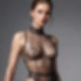 A model showcases a sheer bodysuit top, exuding elegance and confidence.