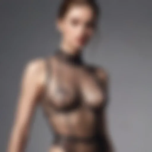 A model showcases a sheer bodysuit top, exuding elegance and confidence.