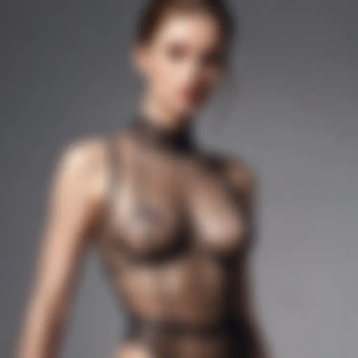 A model showcases a sheer bodysuit top, exuding elegance and confidence.