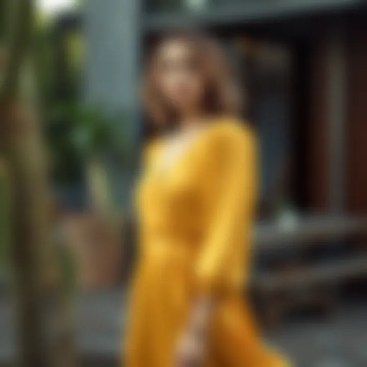 Outdoor Styling Inspiration Model showcasing the mustard yellow satin dress in an outdoor setting