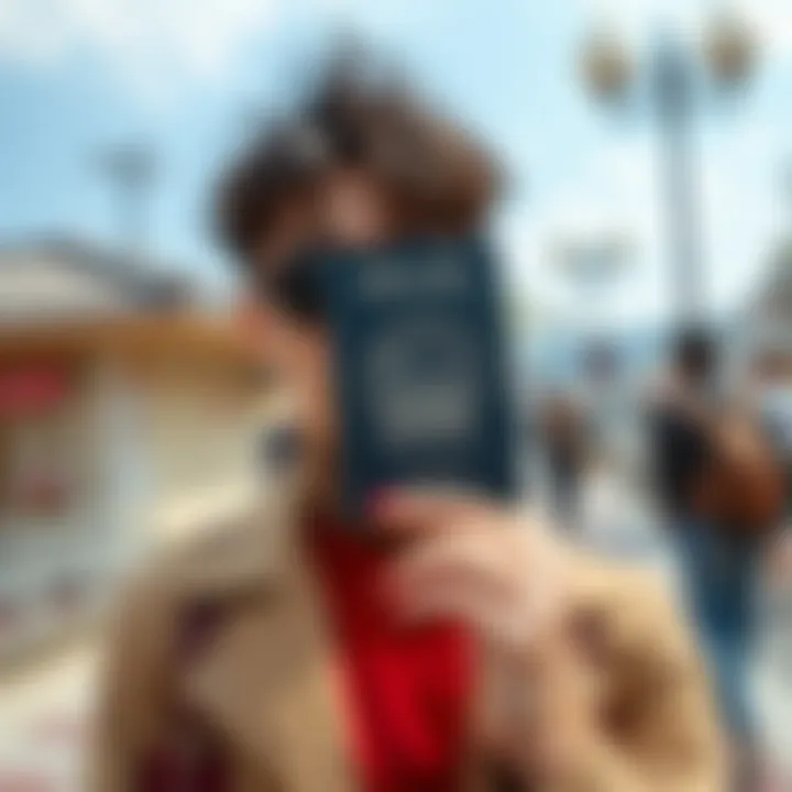 Stylish individual showcasing an anime passport cover in a travel setting