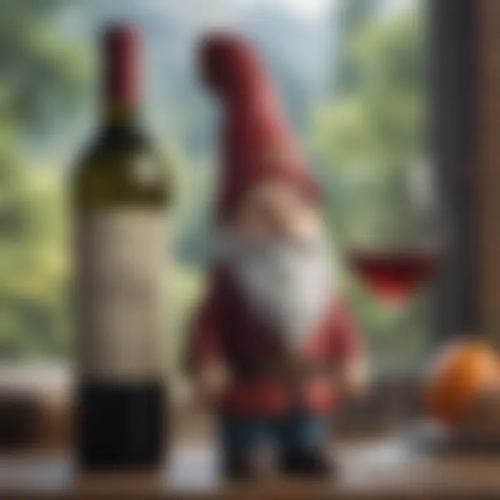 A whimsical gnome wine bottle cover in vibrant colors