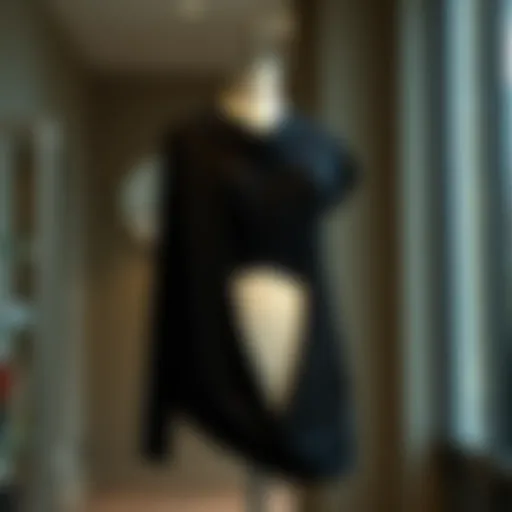 Elegant long black top draped on a mannequin