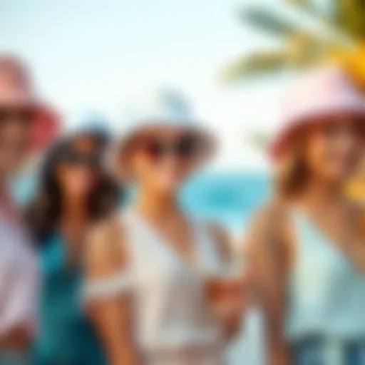 Stylish bachelorette party group wearing personalized bucket hats.