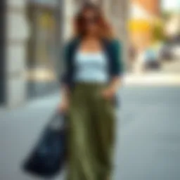 Fashionable wide waistband maxi skirt styled for a casual outing