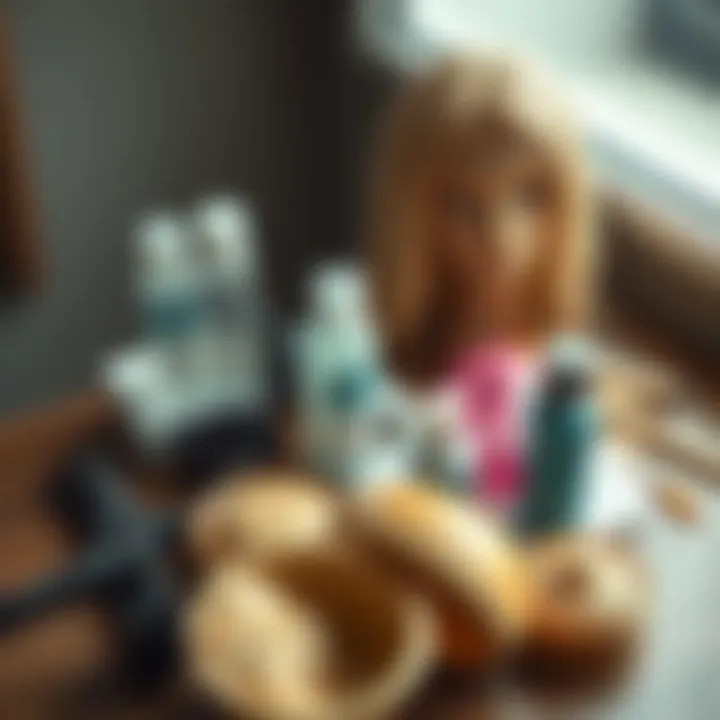 Essential tools and products for maintaining and styling a 14-inch blonde wig, arranged aesthetically.