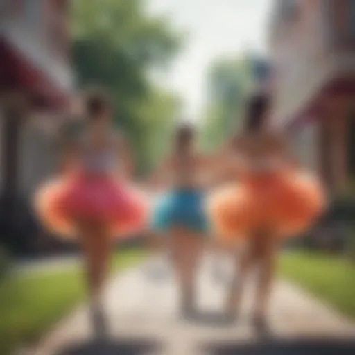 A colorful array of running tutus displayed in a vibrant outdoor setting