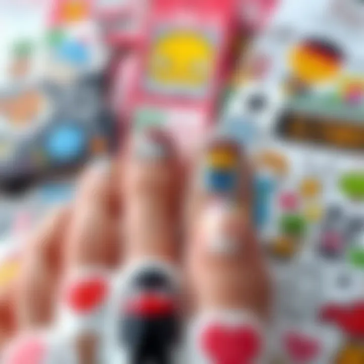 An artistic composition featuring a variety of toenail stickers with different themes.