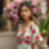 Elegant summer midi dress with short sleeves in a floral pattern