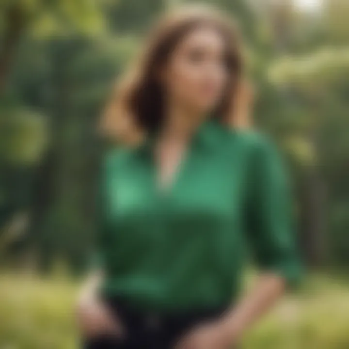 Trendy plus size green blouse showcased in a natural setting