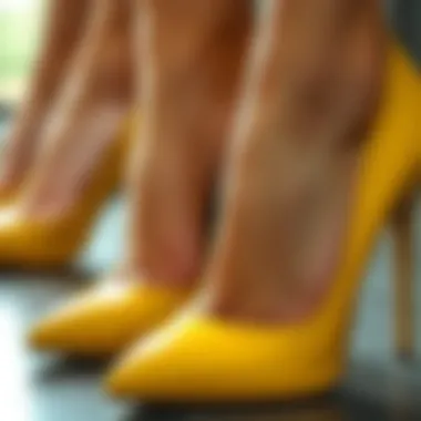 Texture and Detail in Yellow Pumps Close-up view of yellow pumps showcasing their texture and detail