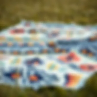 Stylish beach blanket with unique patterns laid out on grass
