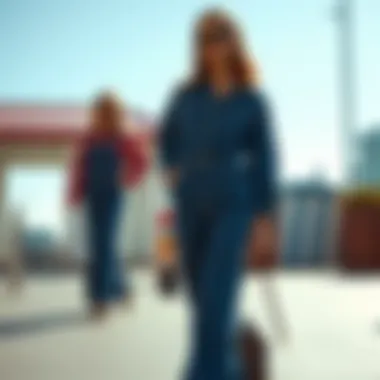 Fashionable Ensemble with Palazzo Overalls A fashionable ensemble featuring palazzo denim overalls paired with elegant accessories