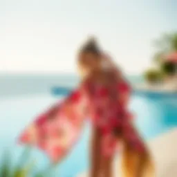 A vibrant floral swimsuit cover-up draping elegantly by the poolside.