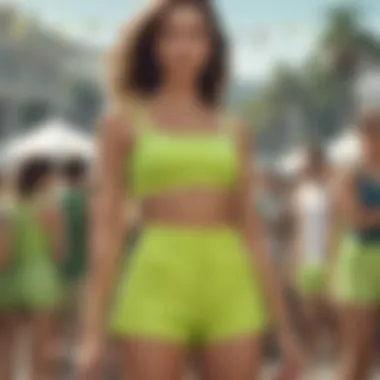 Model showcasing lime green high waisted shorts at a summer festival