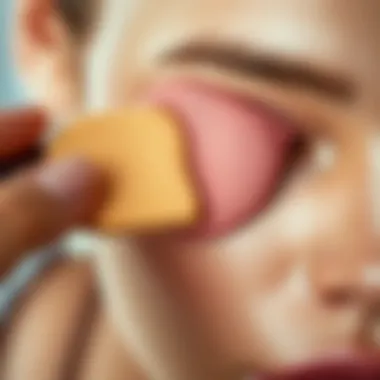 Close-up of a sponge applicator blending foundation on skin for an even finish.