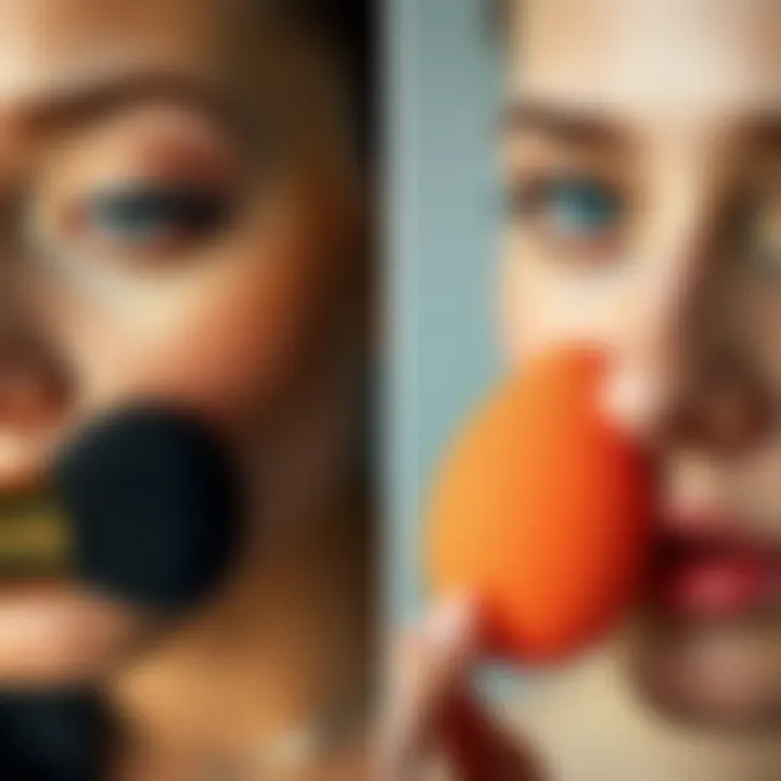 A side-by-side comparison of makeup application techniques using a brush and a sponge.