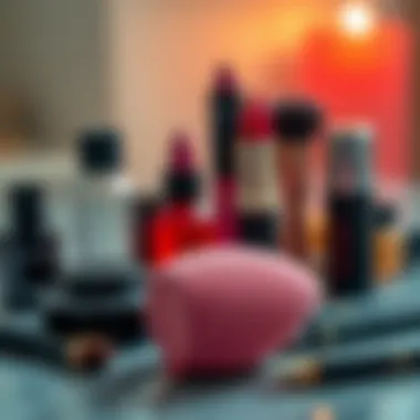 An artistic display of makeup products alongside a sponge applicator ready for use.