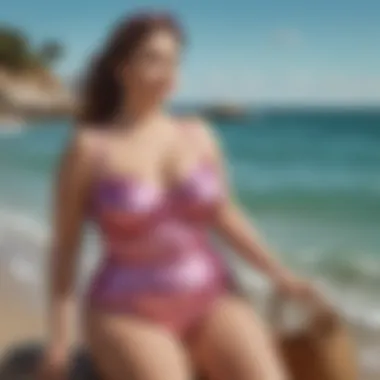 An elegant beach setting featuring a plus size mermaid swimsuit styled with chic accessories.