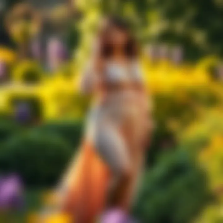 Elegance in Nature: Plus-Size Romper with Train Elegant plus-size romper with a train in a garden setting