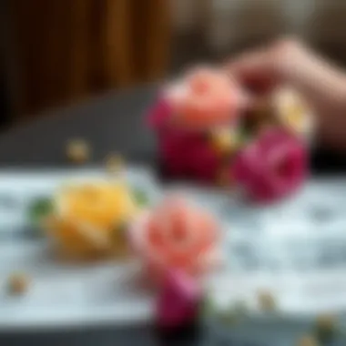 An artistic arrangement of floral ponytail holders alongside care instructions.