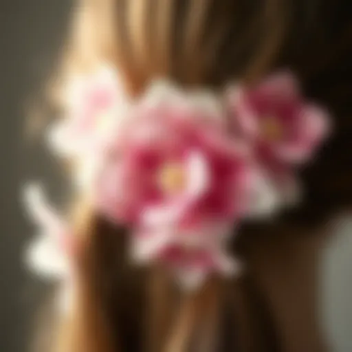 Intricate Floral Designs on Ponytail Holder A close-up view of a floral ponytail holder showcasing intricate petal designs.