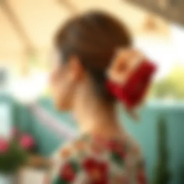 A model wearing a floral ponytail holder in a chic outdoor setting.