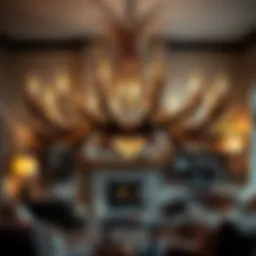 Elegant rustic deer antler chandelier illuminating a cozy living room