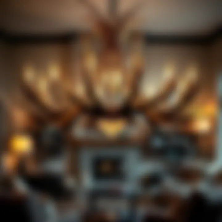 Antler Chandelier in Rustic Home Setting Elegant rustic deer antler chandelier illuminating a cozy living room