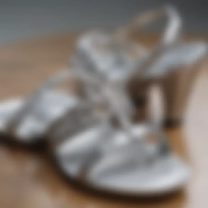 Close-up shot of silver sandals showcasing their craftsmanship and detailing