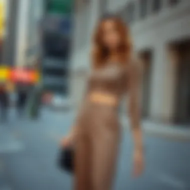 Contemporary Styling of Ribbed Outfit in Urban Environment Fashionable individual styling ribbed pants and top set in a modern urban setting