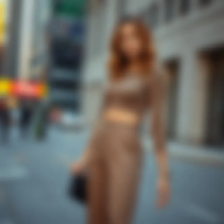 Contemporary Styling of Ribbed Outfit in Urban Environment Fashionable individual styling ribbed pants and top set in a modern urban setting