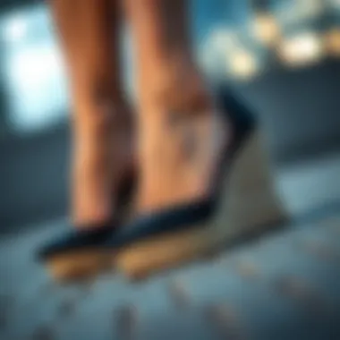 Design Features of Black Pointed Toe Wedges Close-up of the design features of black pointed toe wedges